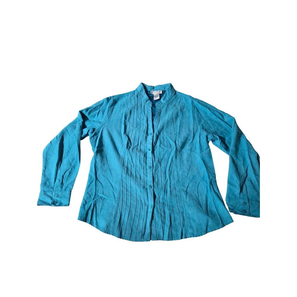 Lemon Grass Studio Blouse XL Teal Blue Washable Suede Pleated Western Cowgirl